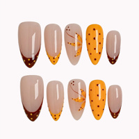 Ongles à presser en acrylique style Meilade automne, motif feuille d'érable peinte à la main, jaune caramel, pois, French manucure, forme amande, personnalisables