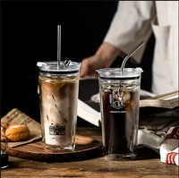 Gobelet à thé en verre transparent haute capacité 450 ml, bouteille d'eau froide pour jus, avec paille, pour le bureau, l'école