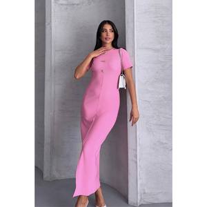 Robe Midi Moulante Rose Élégante Col Rond Tricotée Fendue sur le Devant Respirante Robe de Cocktail Taille Naturelle - Product Image 4