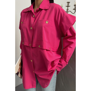 Camisa de Diseñador para Mujer, Larga, Color Fucsia, Satén, Seda, Chifón, Tejido de Algodón, Cuello de Solapa, Botones, Moda para Primavera, Verano y Otoño - Product Image 3