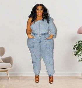 Conjunto de Jeans de Talla Grande para Mujer, Sexy, Hombro Inclinado, Manga Única, Lavado, Azul Claro, Conjuntos de Mezclilla para Mujer - Product Image 2