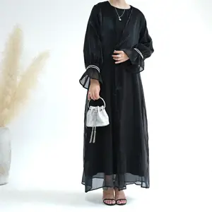 2023 оптовая продажа, новая исламская одежда, элегантная сияющая ткань из органзы, открытый кардиган, мусульманское женское платье Абайи
