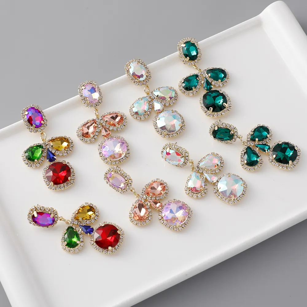Elegant Women Glass Rhinestone Geometric Earrings Statement Crystal Square Water Drop Earrings Party Jewelry