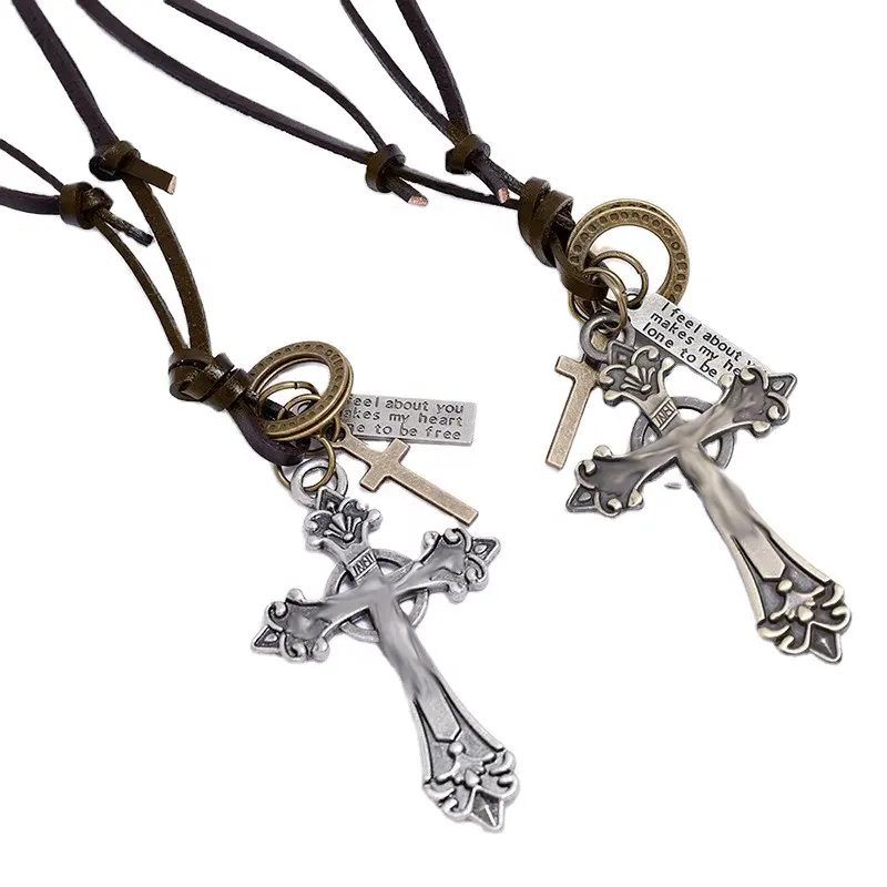 fashion retro women men leather multiple pendant letter pulling type double cross necklace