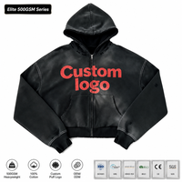 Sweat à capuche zippé RAMAX 500 GSM épais avec logo personnalisé, impression rouge en relief, délavage acide, coupe carrée courte, style streetwear, vente en gros, usine OEM