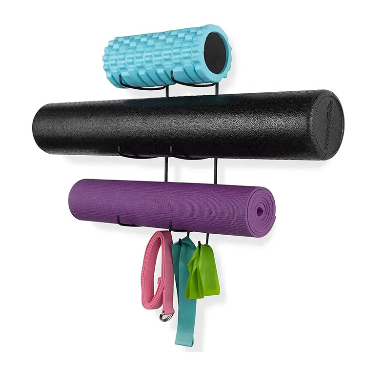 Home gym storage rack Yoga Mat Storage Wall Rack Hanger Towel Rack with 3 Hooks for Hanging Yoga Strap and Resistance Bands