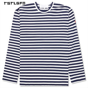 T-shirt classique à manches longues à rayures nautiques en coton premium, col rond style Breton, sous-vêtement décontracté unisexe, haut minimaliste - Product Image 1