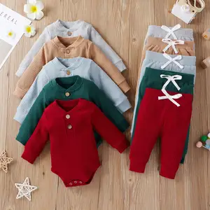 Wholesale Cotton Solider Color Long Sleeved Jumpsuit Pants Bottoming Two-Piece Set For Baby Bodysuit Clothes