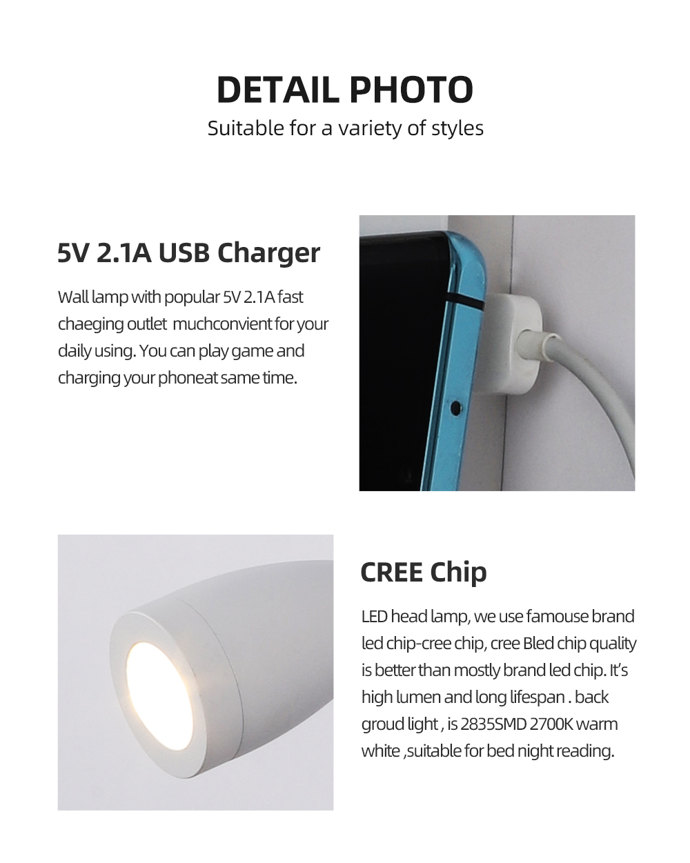 Modern Decorative Led Wall Lamp Bedside Light With  U-Shaped Storage Table With USB Charger For Bedroom