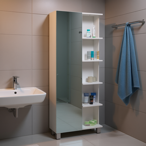 <b>Mirror</b> Linen Single Door Bathroom Cabinet 18 In <b>White</b> <b>Freestanding</b> With Five Shelves Minimalist Design - Product Image 2