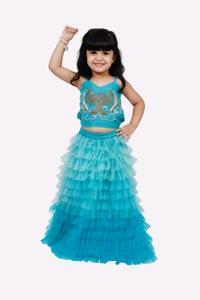 Top Elaisha sin mangas con bordado y malla, con lehenga de malla - Azul - Product Image 5