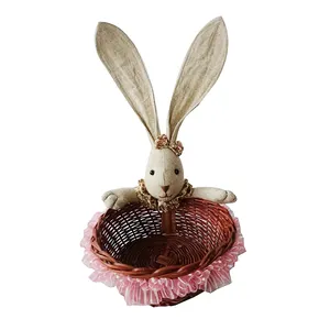 Bulk Sale Rabbit Basket Easter Decoration Cute Bunny Head Easter Willow Bucket For Egg Storage