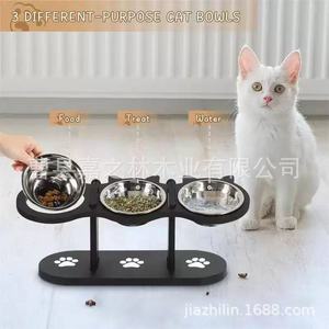 Soporte para comedero de mascotas con tres cuencos de acero inoxidable para gatos y perros, diseño de huellas de patas en blanco y negro, altura ajustable - Product Image 4