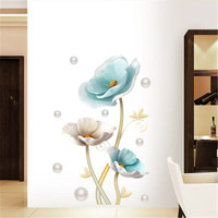 Style chinois Décoration Murale Élégante Bleu Fleurs de Lotus Blanc Perle Papier Peint Pour Chambre À Coucher Auto-Adhésif de Mur De Fond de TV Murale