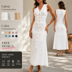 Abito lungo da donna personalizzato in maglia bianca casual con scollo a V, senza maniche, abbottonatura frontale, cut-out in vita e lavorazione Pointelle, ideale per le vacanze - Product Image 1