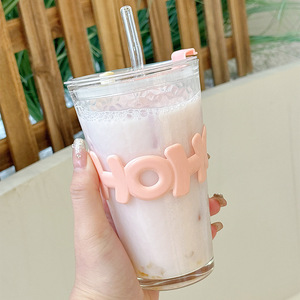 Hot Sale 450ml Glas becher mit Stroh Kaffeetasse Brief hülle Glas Wasser Milch Saft Tee Kaffeetassen - Product Image 4