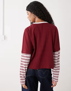 <span class=keywords><strong>Camiseta</strong></span> de Contraste para Mujer High Street Girls, Bloques de Color, 100% Algodón, <span class=keywords><strong>Camiseta</strong></span> de Doble Capa de <span class=keywords><strong>Manga</strong></span> <span class=keywords><strong>Larga</strong></span> con <span class=keywords><strong>Rayas</strong></span> Rosas - Product Image 3