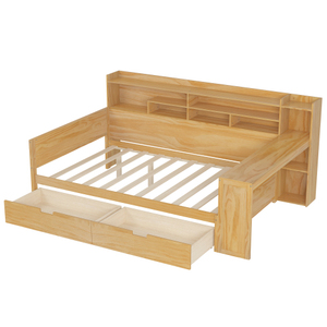 Modern Wooden Full Size Daybed with Storage Shelves Multi-functional Bed with Two Storage Drawers <b>Study</b> <b>Desk</b> Natural for Bedroom - Product Image 4