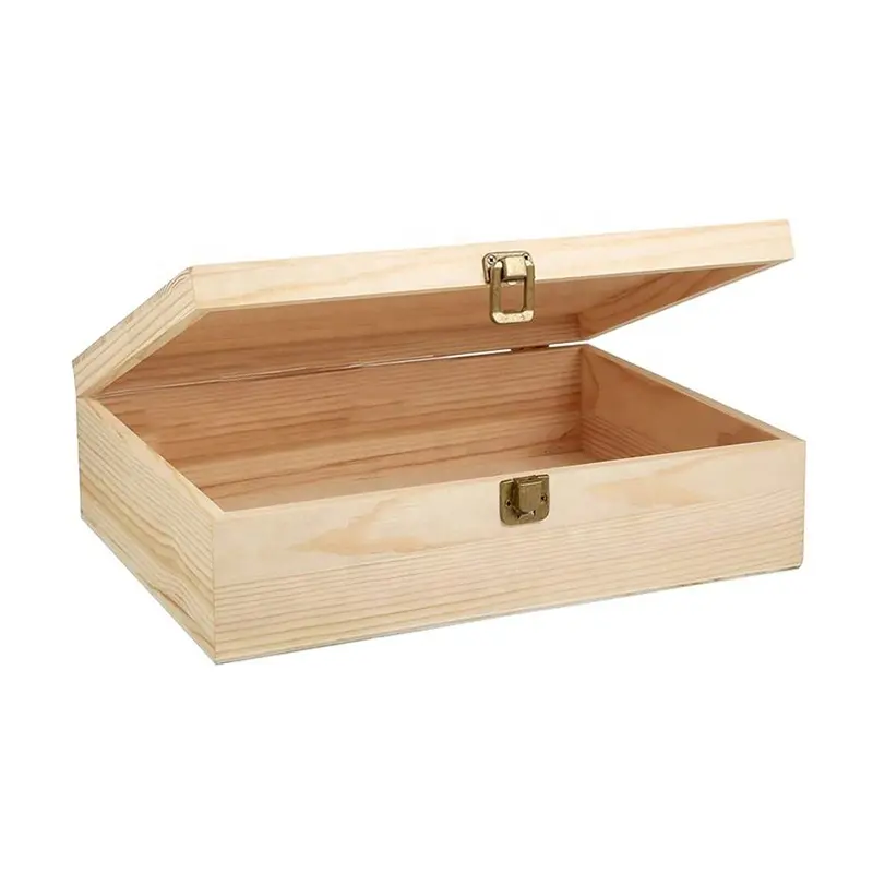 Menteşeli kapak ve ön toka ahşap kutu ile özelleştirilmiş hediye doğal çam ahşap kutu