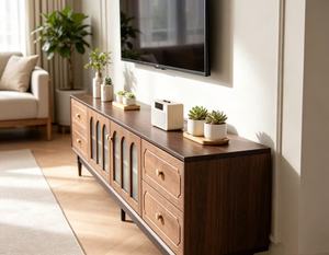 Meuble TV classique en bois massif, porte en verre cannelé cintrée et rangement multi-tiroirs, console multimédia de salon avec pieds tournés rétro - Product Image 3