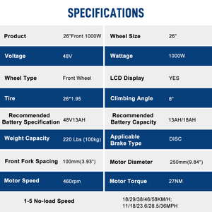 Vélo électrique en aluminium 26 pouces N001 1000W 350W 60 km d'autonomie Freins à disque - Product Image 1