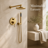 Système de douche encastré moderne en or brossé, ensemble de robinetterie de douche de salle de bain avec pommeau de pluie, douchette à main et mitigeur