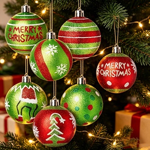 Lot de Boules de Noël Imprimées Pailletées en Gros – Motif Rayé et Pois – Décorations Suspendues pour Sapin de Noël – Ornements Intérieurs de Fêtes - Product Image 1