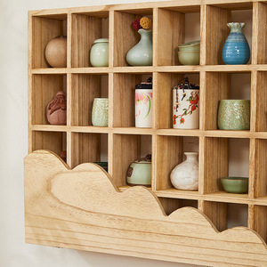 Solid Wood Lattice Shelf Wall Mounted Multi Compartment Display Rack For Teapots Teacups Tea <b>Leaves</b> Storage Living Room - Product Image 3