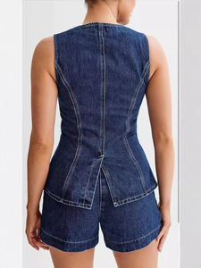 Denim 2 Pieces Outfits Summer Casual Sleeveless Women High Waist Denim Two Piece Shorts Sets For Women - Product Image 5