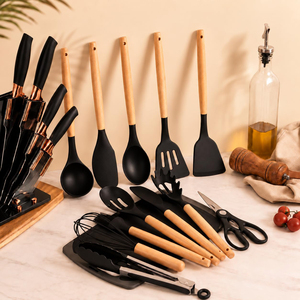 19 Piece Silicone <b>Wooden</b> Handle <b>Kitchen</b> Utensils <b>Sets</b> Stainless Steel <b>Kitchen</b> Knife <b>Sets</b> with Cutting Board Cooking Tools <b>Sets</b> - Product Image 4