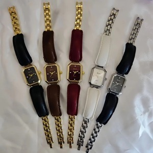 Montre pour femme, cadran carré, minimaliste, quartz, bracelet en alliage avec bracelet combiné en cuir et alliage. - Product Image 5