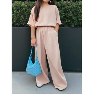 FOXA Girl's 2 Piece <b>Linen</b> Summer Outfit Oversize Half Sleeve <b>Top</b> Wide Leg Pants Casual Breathable Women's Set - Product Image 4