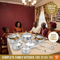 Ensemble de casseroles en acier inoxydable de 15 pièces avec 3 ustensiles de cuisine, compatible induction, couvercle en acier pour la cuisine à domicile et les chefs