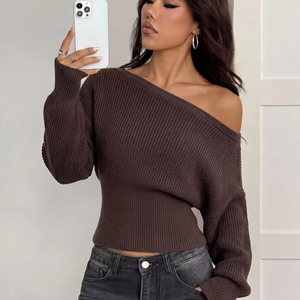 Maglione da donna Y2K casual a maniche lunghe a pipistrello, scollo a barca, in <span class=keywords><strong>maglia</strong></span> a costine, crop top a vita alta con orlo slim - Product Image 1