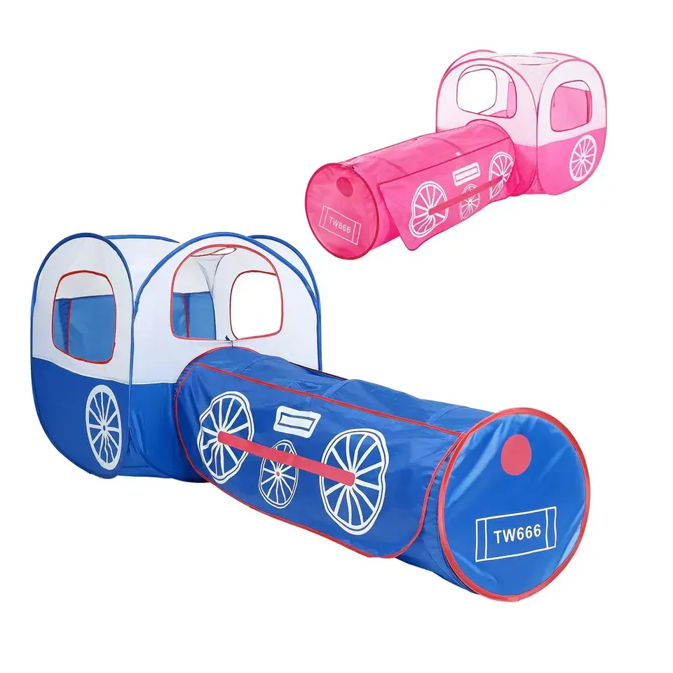 Tenda permainan lipat dalam ruangan, tenda Pop Up dengan terowongan tenda kereta biru permainan rumah anak-anak