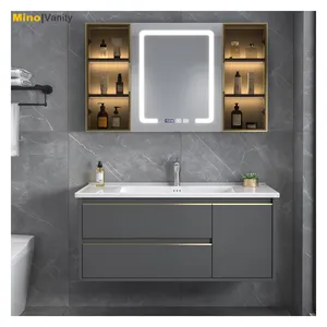 2022浴室储物柜Vanitorio现代实木浴室梳妆台带发光二极管镜子