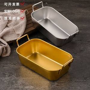 Cesta para refrigerios de acero inoxidable con asas, bandeja rectangular dorada y plateada para servir comida, café y té en hoteles - Product Image 1