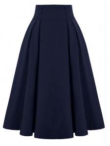 25 New European American Ebay Foreign Trade AliExpress Vintage Empire Button Anti-Wrinkle Plaid Mid-<b>Skirt</b> Polyester Women's - Product Image 5