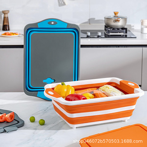 <span class=keywords><strong>Planche</strong></span> à découper pliable multifonctionnelle pour l'extérieur avec panier de drainage intégré et bac à légumes, seau de barbecue - Product Image 3