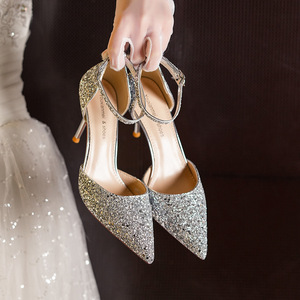 Zapatos de Novia con Tacón de Aguja, Punta en Pico, Correa en el Tobillo, Tallas Grandes 41-43, con Brillantina - Product Image 3
