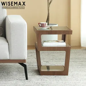 WISEMAX mobilya Minimalist oturma odası mobilya beyaz çift katmanlı çay masası cam masa üstü katı ahşap çerçeve sehpa