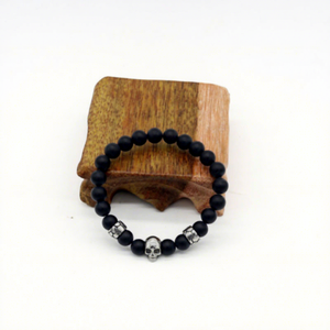 Yunnique Fashion Round Beads Bracelet 8mm <b>Matte</b> Black Agate with Antique Metal Skull Tibetan Silver Skeleton Design - Product Image 5