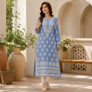 Abrace la Elegancia Eterna con Esta Elegante Kurta Azul Cielo con Bordado Floral - Product Image 1