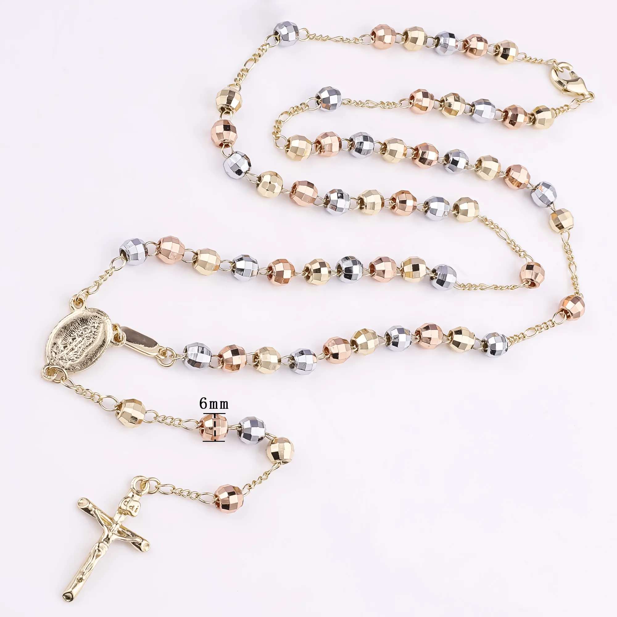 Collar de Rosario religioso chapado en oro de 14k, collar con cruz de Jesús de guadalupe, tricolor, rosarios, religioso y catológico, venta al por mayor