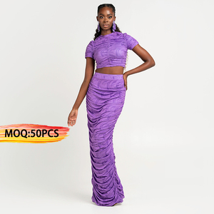 Oem Custom Crop Tops Ruched Fittedslip Saia Maxi Longa Correspondência Elegante Co Ord Conjuntos de Duas Peças para As Mulheres - Product Image 1