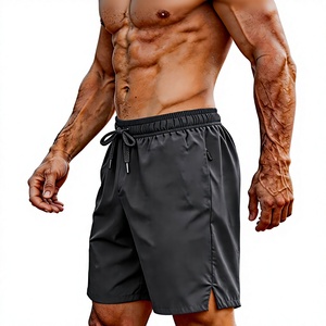 Shorts en polyester noir uni pour homme, taille mi-haute, cordon de serrage, décontracté, séchage rapide, tissu satiné tissé - Product Image 1