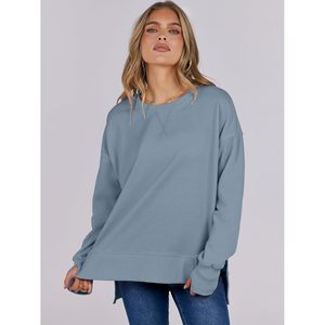 Sweat-shirt surdimensionné à col rond pour femme FOXA, manches longues, léger, avec fentes latérales, pull décontracté en mélange de coton respirant - Product Image 5