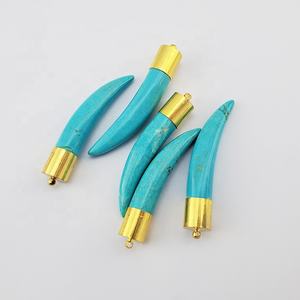 จี้ฟันหมาป่าธรรมชาติ JF6663 ขายส่ง ชุบฟันสัตว์และประดับด้วยกระดูกเทอร์ควอยซ์ สำหรับทำเครื่องประดับสร้อยคอ - Product Image 2