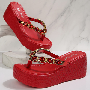 <span class=keywords><strong>Sandali</strong></span> con Zeppa in PU Traspirante con Cristalli, Versatili ed Eleganti, Ciabatte con Tacco a Piattaforma Marrone Testurizzato, Comode e Facili da Indossare - Product Image 3