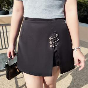 Jupe pantalon taille haute noire Runqi pour femme N7519 avec bouton à épingle en satin couleur unie grande taille - Product Image 1